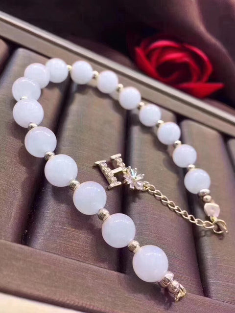 Gelang Pandora Gelang Giok Putih Basah 8mm Gelang Berbalut Emas 14k + dengan Kristal Premium Swarovski Sudah Termasuk Pajak Pengiriman