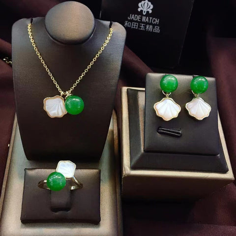 Hotan Jasper Set Kalung Kupu-Kupu Kerang + Cincin + Anting Kekacauan Indah Ukuran 8 8 6,6 mm Termasuk Pajak Pengiriman