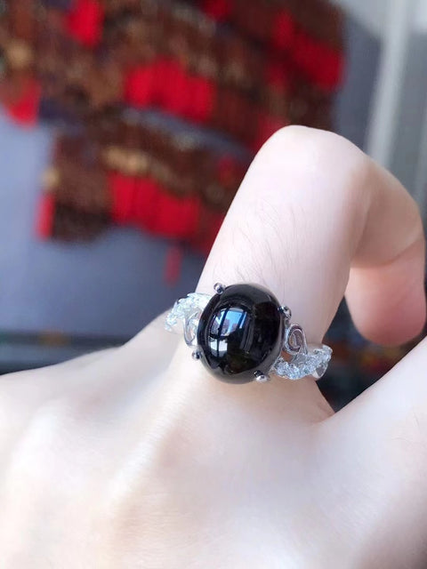 Cincin Turmalin Hitam Alami Ukuran 12 * 10mm Bezel yang Dapat Disesuaikan Termasuk pajak pengiriman.