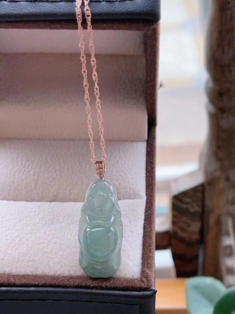 Jadeite Alami a-barang liontin Buddha Tertawa Es Bahan Lama Bahan Kancing Emas 18k Kepala Kancing Emas Ukuran 27.3 * 12.5mm Tebal 6mm Termasuk Pajak Pengiriman