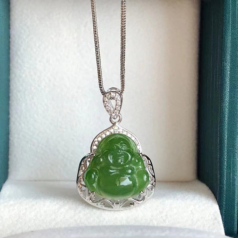Liontin Jasper Laughing Buddha set dalam 925 perak Ukuran 14 * 15mm Giok bersih dan halus Termasuk ongkos kirim dan pajak.
