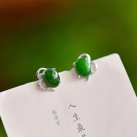 Anting-anting Giok Giok Hetian Alami Set dalam Gaya Giok Perak 925 Perak Sederhana dan Murah Hati Ukuran 7 * 9mm Termasuk Pengiriman dan Pajak