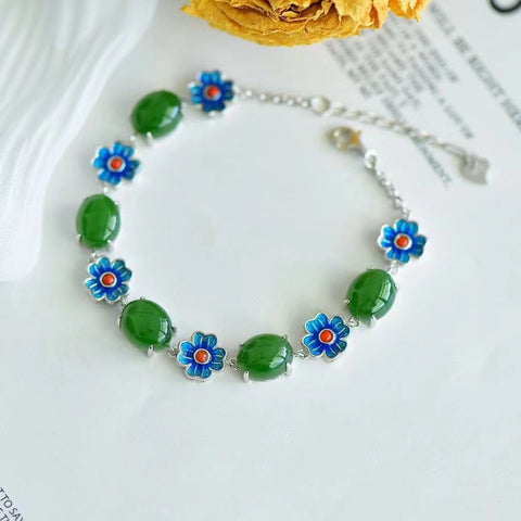 Gelang Jasper Giok Hetian Giok Alami dari Perak 925 dengan Gaya Enamel Semanggi Merah Selatan Giok ini halus dan hangat Sudah termasuk pajak pengiriman