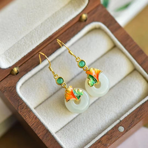 Anting Enamel Giok Hotan Giok Ginkgo Biloba Alami dengan Gaya 925 Perak Ukuran 13 * 13mm Sudah termasuk pajak pengiriman