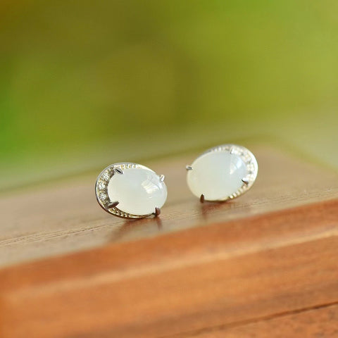 Anting Giok Hetian Alami Set dalam Gaya Perak 925 Ukuran 7 * 9mm Sudah termasuk pajak pengiriman