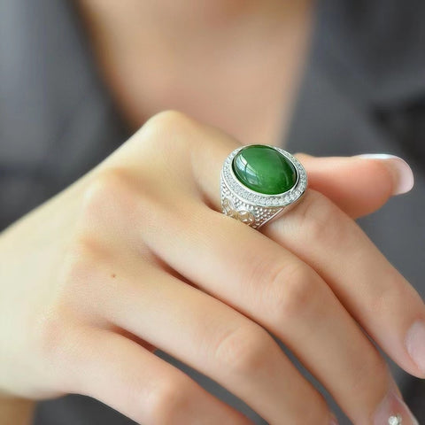 Cincin Telur Besar Giok Giok Hetian Jasper Alami 925 Gaya Pengaturan Perak Termasuk pajak pengiriman