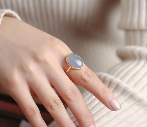 Set Cincin Air Biru Giok Guatemala Jadeite Jadeite dari 925 Perak Cincin jepit gaya kompak Berlapis emas Termasuk ongkos kirim dan pajak
