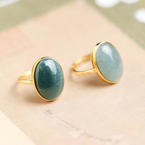 Set Cincin Air Biru Giok Guatemala Jadeite Jadeite dari 925 Perak Cincin jepit gaya kompak Berlapis emas Termasuk ongkos kirim dan pajak