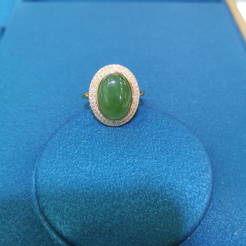 Cincin Giok Giok Alami dengan Zirkonia 92 Pengaturan Perak Berlapis Emas Ukuran 10 * 14mm Termasuk Pajak Pengiriman