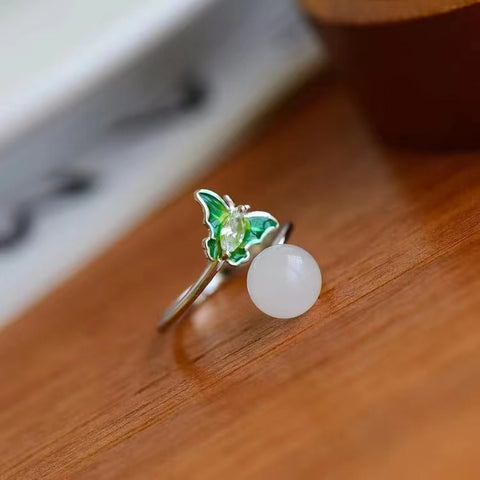 👏 👏 👏 Gaya baru telah hadir! 925 Perak dengan Giok Hetian Ukuran (8 * 8) Cincin Enamel Kupu-kupu Manik-manik Giok Putih 💍, Giok halus dan hangat Gayanya baru dan apik, segar dan indah, enak dipandang!