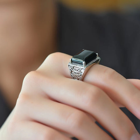 925 Sterling Silver Bertatahkan Hetian Jade Bertinta Giok Bertinta Giok Persegi Panjang Drum Cincin Pria / Wanita Perak 💍👉 Giok Gaya Baru dan Unik Hangat dan Halus, Menarik Perhatian dan Menarik untuk Dipakai Termasuk Pengiriman dan Pajak.