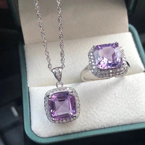 Cincin Kecubung Kecubung Halus 💍➕ Set Liontin, kejernihan penuh warna api, semburan kilau!Ukuran batu utama: 9✖️9mm besar, s925 perak pengaturan halus sudah termasuk pajak pengiriman!