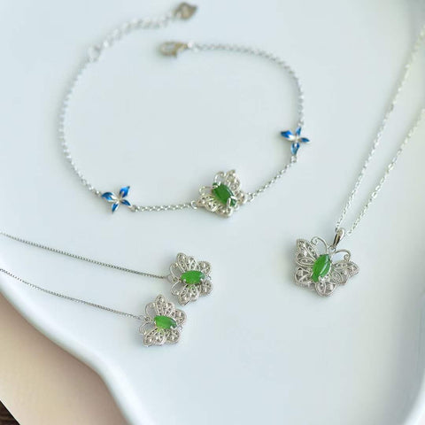 925🦄🦄 Perak dengan Kupu-Kupu Mata Kuda Hotan Jasper🦋 Set Liontin + Anting + Gelang Sudah Termasuk Pajak Pengiriman