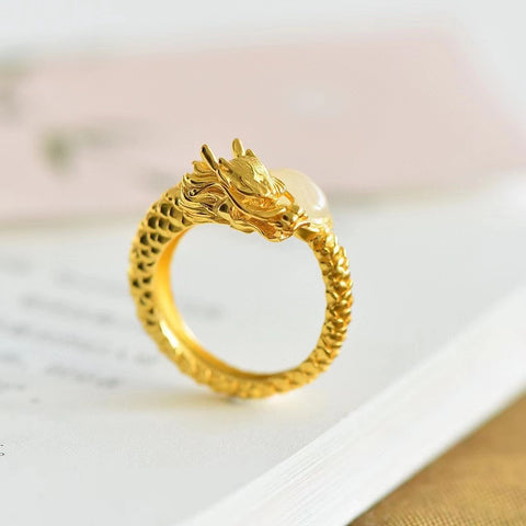 Set Cincin Naga Giok Hetian Alami dengan Gaya Perak 925 Termasuk pajak pengiriman