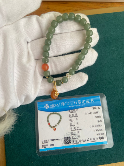 Gelang Giok Hetian yang indah -, manik-manik tipe lama, giok halus dan hangat, dengan aksesoris yang sangat indah, spesifikasi: 7✖️6.5mm termasuk pajak pengiriman