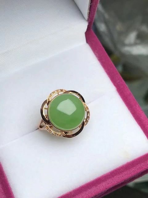 Cincin Hijau Apel Jasper Jasper Alami Emas 18k dengan Berlian Giok Gaya halus dan hangat Gaya modis dan serbaguna Ukuran 13mm Termasuk pajak pengiriman