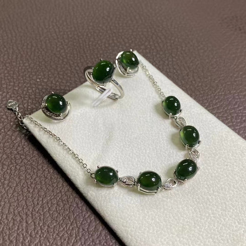Set Giok Alami 925 Cincin Perak Cincin Perak yang Dapat Disesuaikan Gelang Ekstensi Gelang Ukuran 7 * 9mm Cincin Ukuran 8 * 9.5mm Anting Ukuran 6 * 8mm Pengiriman & Pajak Termasuk.
