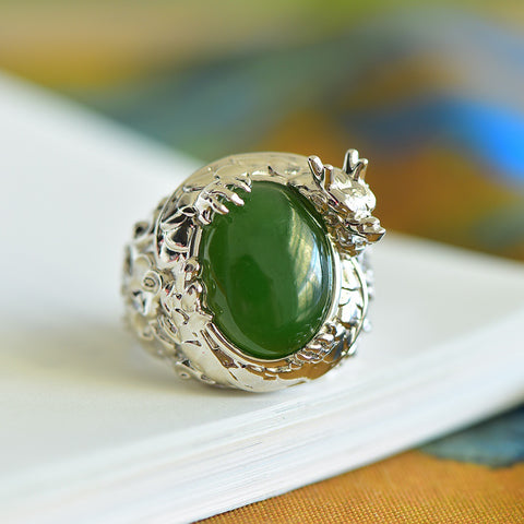 925 Perak dengan Cincin Naga Sisi Telur Hetian Jasper Batu gioknya halus dan hangat Gayanya baru dan apik, menyegarkan dan elegan Sudah termasuk pajak pengiriman