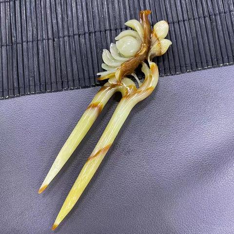 Jepit Rambut Giok Bunga Giok Cui Jade Alami dengan Garpu Ganda, Warna Bunga, Warna Alami, Ukuran 140mm, Sudah Termasuk Ongkos Kirim & Pajak.