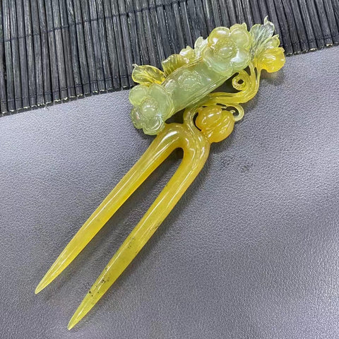 Jepit Rambut Giok Bunga Giok Cui Jade Alami dengan Garpu Ganda, Warna Bunga, Warna Alami, Ukuran 160mm, Sudah Termasuk Ongkos Kirim & Pajak.