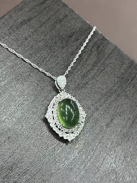 Kalung Giok Alami & 925 Tatahan Perak Ukuran 14 * 10mm Giok bersih dan halus Termasuk pajak pengiriman.