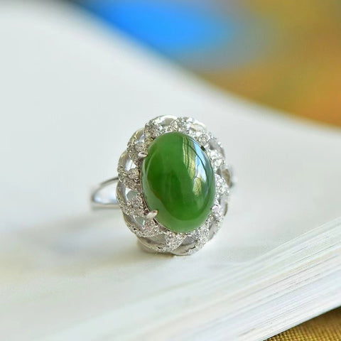 Cincin Giok Giok Hetian Alami yang terbuat dari perak 925, Giok yang bersih, halus, dan hangat dengan bintang-bintang di bawah sinar bulan Sudah termasuk pajak pengiriman