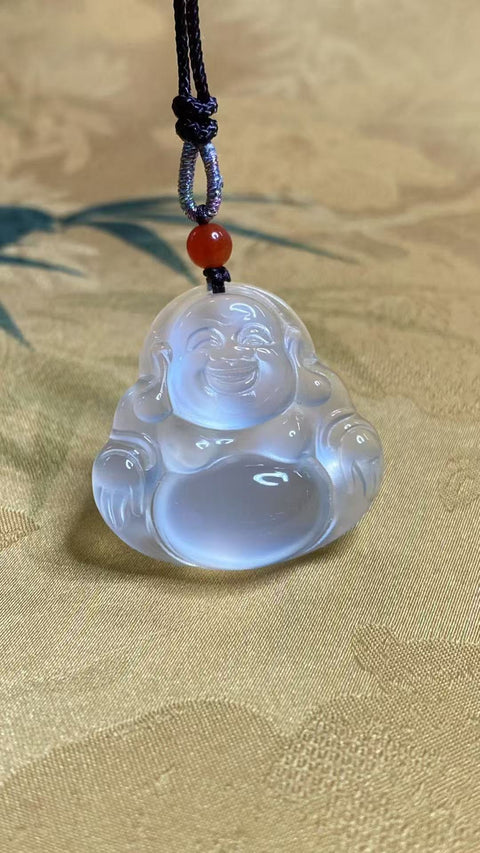 Perhiasan giok Xiu Yu jenis es, patung Buddha Maitreya, transparan seperti es, berkilau, ukuran: 28 x 28 mm, termasuk biaya pengiriman dan pajak.