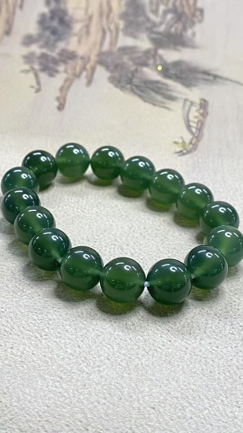 Gelang giok Xiu Yu berwarna hijau pekat, dengan butiran giok yang bulat dan berkilau, spesifikasi: 12mm, termasuk biaya pengiriman dan pajak.