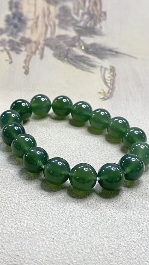 Gelang giok Xiu Yu berwarna hijau pekat, dengan butiran giok yang bulat dan berkilau, spesifikasi: 12mm, termasuk biaya pengiriman dan pajak.