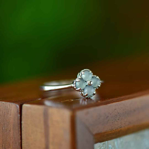 31014 Cincin perak S925 dengan batu giok biru dan semanggi berdaun empat berbentuk drum bulat, ukuran 3*3, termasuk ongkos kirim dan pajak