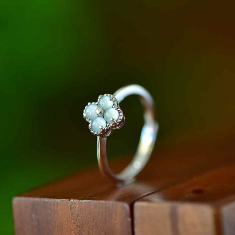 31014 Cincin perak S925 dengan batu giok biru dan semanggi berdaun empat berbentuk drum bulat, ukuran 3*3, termasuk ongkos kirim dan pajak