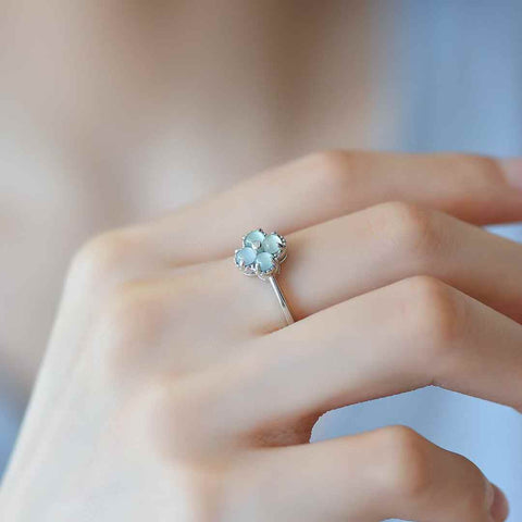 31014 Cincin perak S925 dengan batu giok biru dan semanggi berdaun empat berbentuk drum bulat, ukuran 3*3, termasuk ongkos kirim dan pajak