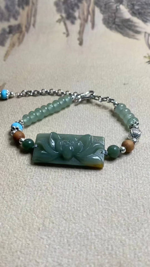 Hehe Meimei: Gelang Bunga Giok Xiuyan Biru yang Indah - Lotus, dengan aksesoris yang indah, spesifikasi: 35✖️15mm, termasuk ongkos kirim dan pajak
