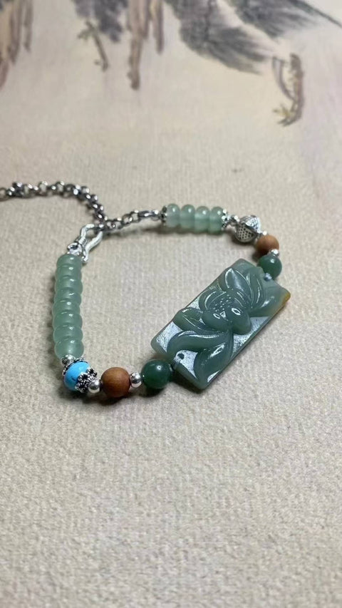 Hehe Meimei: Gelang Bunga Giok Xiuyan Biru yang Indah - Lotus, dengan aksesoris yang indah, spesifikasi: 35✖️15mm, termasuk ongkos kirim dan pajak