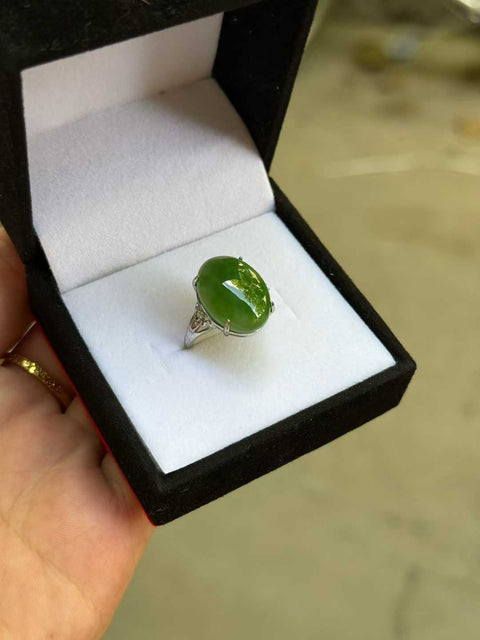 Cincin Jasper Giok Hetian, Tatahan Perak 925, Desain Terbuka, Sederhana dan Elegan, Giok Halus dan Hangat, Perkiraan Ukuran: 18×14㎜, Pengiriman dan Pajak Termasuk