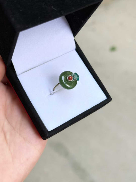Cincin Cloisonne Giok Hetian "Peace Buckle" 925 Perak Bertatah Desain Terbuka Sederhana dan Elegan, Giok Halus dan Hangat Ukuran Sekitar: 13,7mm Termasuk Pengiriman dan Pajak