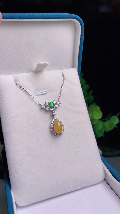 Kalung klavikula giok alami, bahan pit tua, dasar halus dan hangat, minyak ayam kuning yang indah, tatahan perak 925, batu lepas 9✖️6 termasuk pajak pengiriman