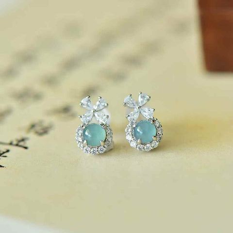 32008 s925 perak bertatahkan giok biru berbentuk telur anting pita, ukuran 5*5, termasuk biaya pengiriman dan pajak