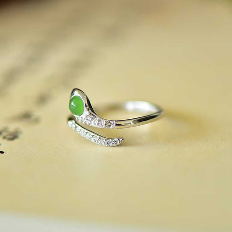 11559#925 Cincin Ular Perak Berbentuk Telur Bulat Bertahtakan Giok Hetian [Spesifikasi] Batu Lepas 4*4 Termasuk Ongkos Kirim dan Pajak