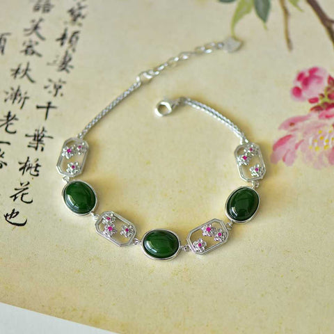 15806#s925 perak bertatahkan giok Hetian jasper berbentuk telur bunga persik berwarna gelang zirkonium (8*18), (perak) dengan giok halus, pengerjaan indah, sederhana dan elegan.