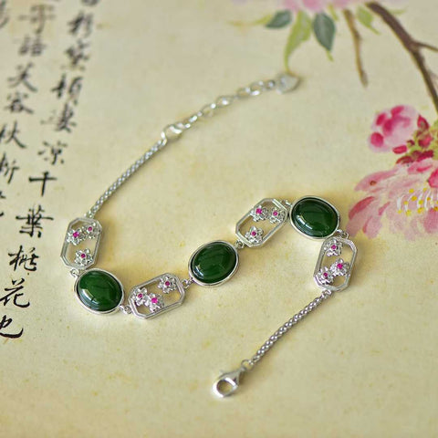 15806#s925 perak bertatahkan giok Hetian jasper berbentuk telur bunga persik berwarna gelang zirkonium (8*18), (perak) dengan giok halus, pengerjaan indah, sederhana dan elegan.