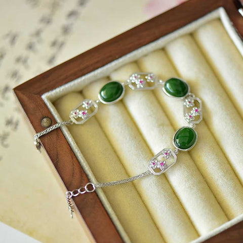 15806#s925 perak bertatahkan giok Hetian jasper berbentuk telur bunga persik berwarna gelang zirkonium (8*18), (perak) dengan giok halus, pengerjaan indah, sederhana dan elegan.