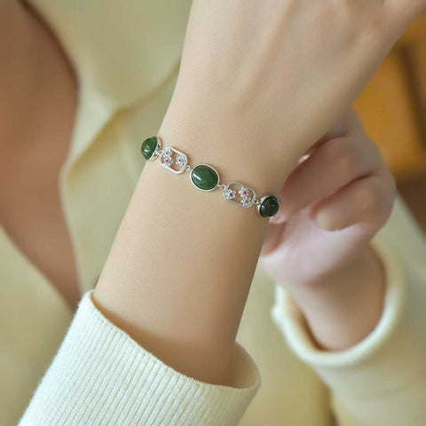15806#s925 perak bertatahkan giok Hetian jasper berbentuk telur bunga persik berwarna gelang zirkonium (8*18), (perak) dengan giok halus, pengerjaan indah, sederhana dan elegan.