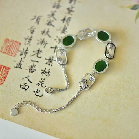 15806#s925 perak bertatahkan giok Hetian jasper berbentuk telur bunga persik berwarna gelang zirkonium (8*18), (perak) dengan giok halus, pengerjaan indah, sederhana dan elegan.