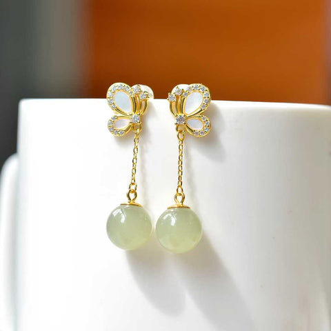 Anting-anting kupu-kupu giok Hetian bertatahkan perak 2974Q-2#s925 🦋 batu lepas: 10*10 termasuk pajak pengiriman