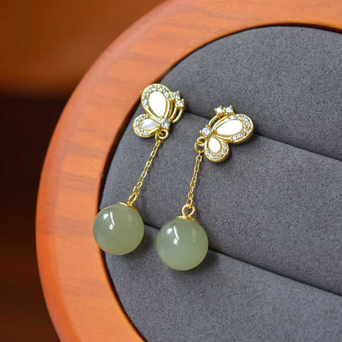 Anting-anting kupu-kupu giok Hetian bertatahkan perak 2974Q-2#s925 🦋 batu lepas: 10*10 termasuk pajak pengiriman
