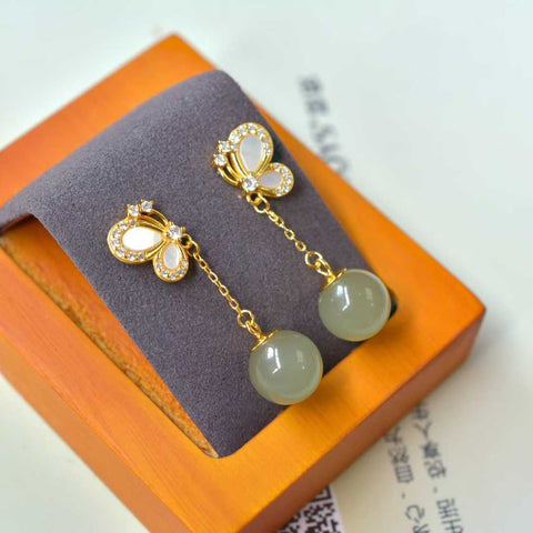 Anting-anting kupu-kupu giok Hetian bertatahkan perak 2974Q-2#s925 🦋 batu lepas: 10*10 termasuk pajak pengiriman