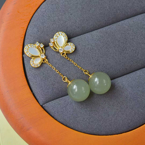 Anting-anting kupu-kupu giok Hetian bertatahkan perak 2974Q-2#s925 🦋 batu lepas: 10*10 termasuk pajak pengiriman