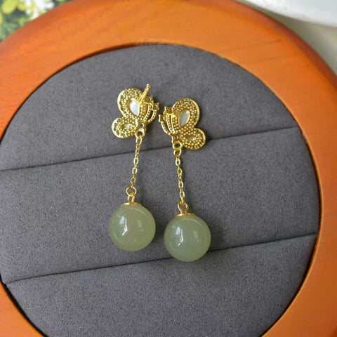 Anting-anting kupu-kupu giok Hetian bertatahkan perak 2974Q-2#s925 🦋 batu lepas: 10*10 termasuk pajak pengiriman