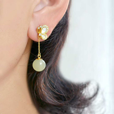 Anting-anting kupu-kupu giok Hetian bertatahkan perak 2974Q-2#s925 🦋 batu lepas: 10*10 termasuk pajak pengiriman